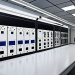 **

A modern building's electrical room, highlighting smart automation systems, energy-efficient equipment, and a clean, organized layout. Emphasis on advanced digital control panels and the use of BIM (Building Information Modeling) software displays in the background. Consider showcasing solar panels on the building's roof visible through a window.
**