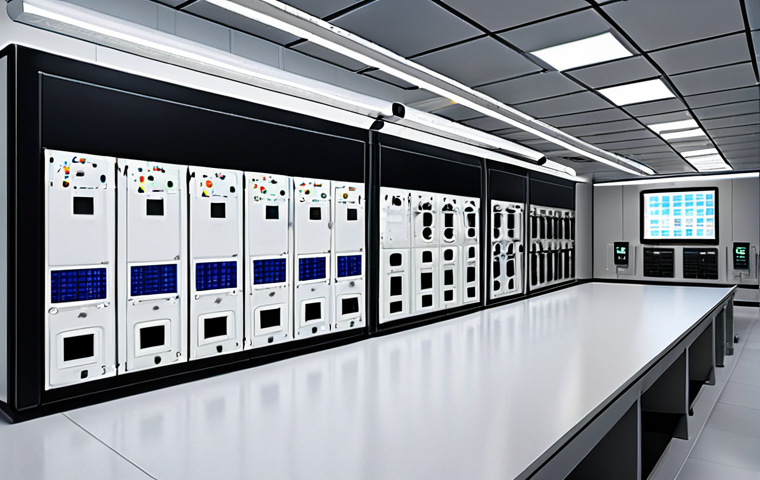 **
A modern building's electrical room, highlighting smart automation systems, energy-efficient equipment, and a clean, organized layout. Emphasis on advanced digital control panels and the use of BIM (Building Information Modeling) software displays in the background. Consider showcasing solar panels on the building's roof visible through a window.
**