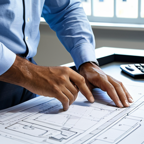 Home 14 A professional Brazilian electrical engineer meticulously studying a large blueprint on a desk in a well-lit, modern office. An open copy of the "NBR 5410" standard is visible beside a calculator and drafting tools. The engineer is wearing modest business casual attire. The background features a large monitor displaying complex electrical schematics. Professional photography, high resolution, sharp focus, natural lighting, perfect anatomy, correct proportions, well-formed hands, proper finger count, natural body proportions, fully clothed, appropriate attire, safe for work, appropriate content, professional.
