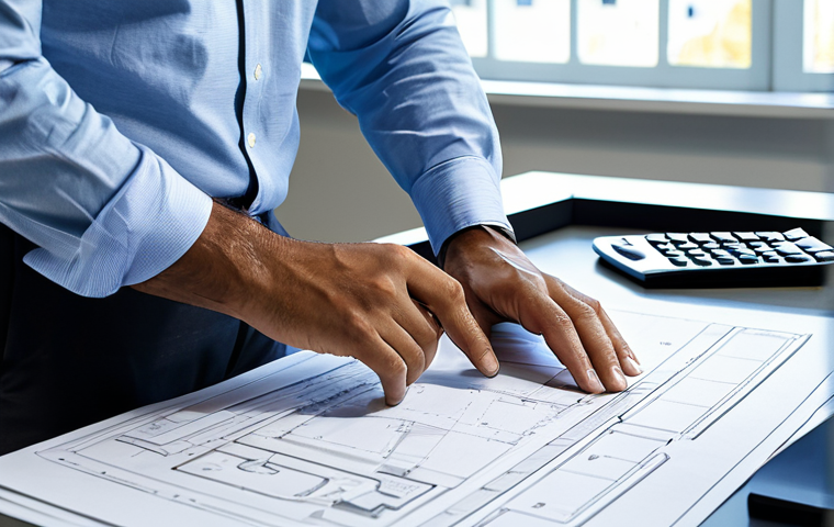 A professional Brazilian electrical engineer meticulously studying a large blueprint on a desk in a well-lit, modern office. An open copy of the "NBR 5410" standard is visible beside a calculator and drafting tools. The engineer is wearing modest business casual attire. The background features a large monitor displaying complex electrical schematics. Professional photography, high resolution, sharp focus, natural lighting, perfect anatomy, correct proportions, well-formed hands, proper finger count, natural body proportions, fully clothed, appropriate attire, safe for work, appropriate content, professional.
