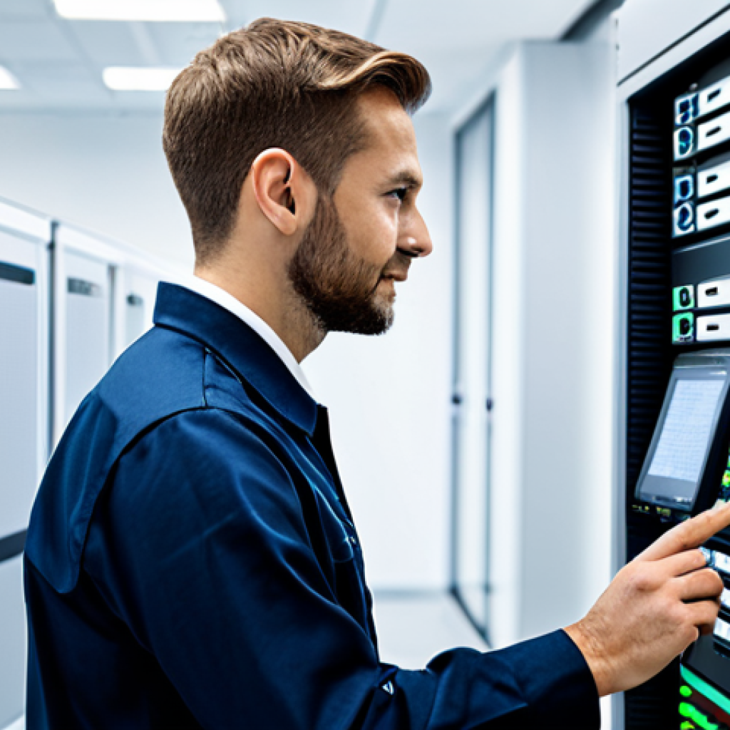 A skilled professional electrical engineer, fully clothed in a modest, modern work uniform, meticulously inspecting a sophisticated smart building management system control panel. The setting is a clean, contemporary commercial building data center with subtle digital interfaces in the background. The lighting is bright and even, highlighting precision and expertise. safe for work, appropriate content, fully clothed, professional, perfect anatomy, correct proportions, natural pose, well-formed hands, proper finger count, natural body proportions, high-quality photograph, realistic.