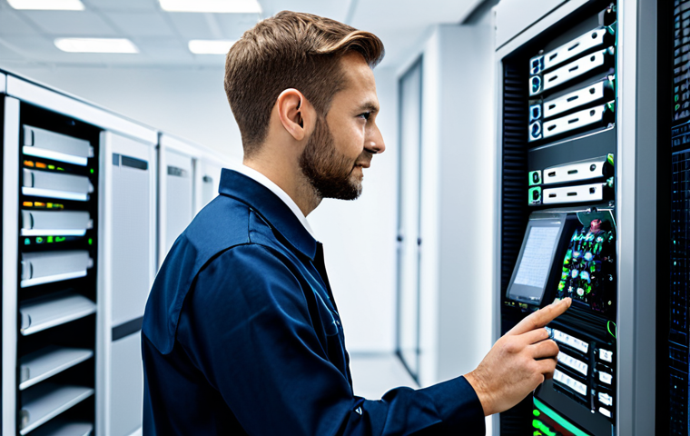 A skilled professional electrical engineer, fully clothed in a modest, modern work uniform, meticulously inspecting a sophisticated smart building management system control panel. The setting is a clean, contemporary commercial building data center with subtle digital interfaces in the background. The lighting is bright and even, highlighting precision and expertise. safe for work, appropriate content, fully clothed, professional, perfect anatomy, correct proportions, natural pose, well-formed hands, proper finger count, natural body proportions, high-quality photograph, realistic.