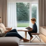 건축전기설비기사 현업에서 활용되는 기술들 - **Prompt:** A cozy, modern living room bathed in warm, intelligent lighting. A happy family, consist...