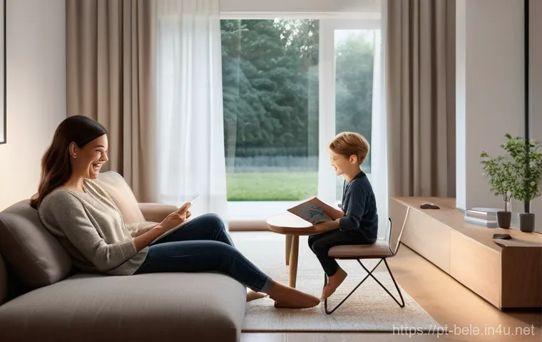 건축전기설비기사 현업에서 활용되는 기술들 - **Prompt:** A cozy, modern living room bathed in warm, intelligent lighting. A happy family, consist...