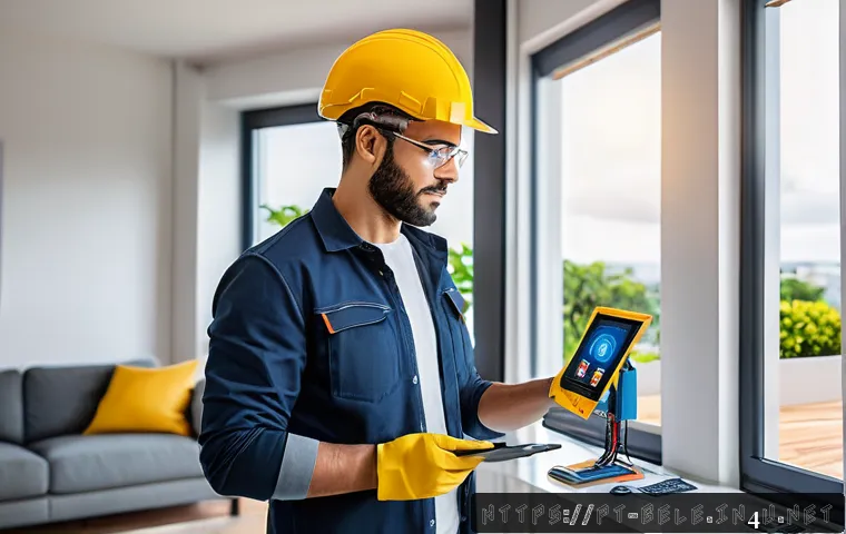 건축전기설비기사 이직 성공 사례 - A professional electrical technician installing a modern home automation system in a stylish Brazili...