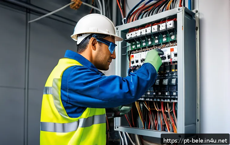 건축전기설비기사 필기와 실기 우선순위 - A professional Brazilian electrician wearing full personal protective equipment (insulating gloves, ...